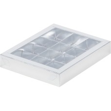 Коробка для конфет с пластиковой прозрачной крышкой 190*150*30мм 12 голограммное серебро/5